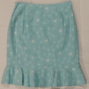 Aqua Linen Skirt Embroidered with White Flowers 4P